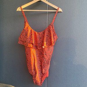 Animal print burnt Orange & black swimsuit one piece ruffle & back detail